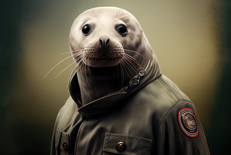 Portrait of a sea lion in a jacket. Animal protection.の素材