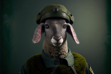 Sheep in a military uniform with a helmet on a dark backgroundの素材