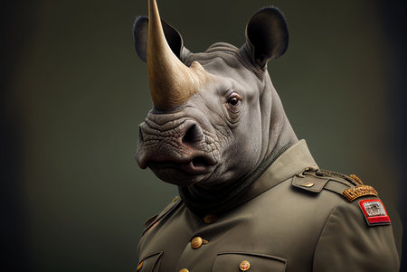 Portrait of a rhinoceros in a military uniform.の素材