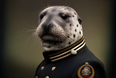 Seal in a military uniform on a dark background close-upの素材