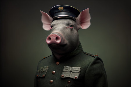 Portrait of a funny pig in a military uniform on a dark backgroundの素材