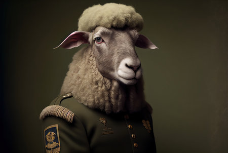 Portrait of a sheep wearing a green beret and uniform.の素材