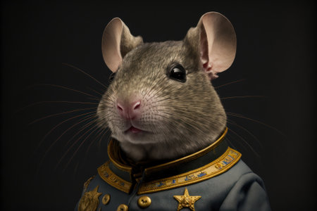 Portrait of a cute gray rat in a military uniform on a black backgroundの素材