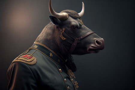 The portrait of a bull on a black background in the studio.の素材