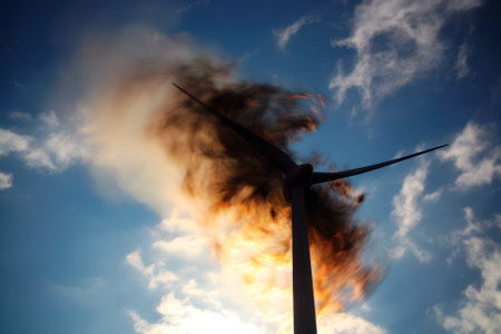 Wind turbine fire against a vivid blue sky, generative aiの素材