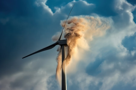 Wind turbine fire against a vivid blue sky, generative aiの素材