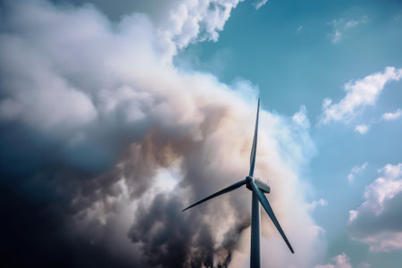 Wind turbine fire against a vivid blue sky, generative aiの素材