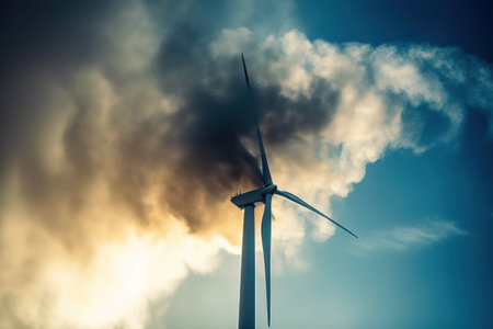 Wind turbine fire against a vivid blue sky, generative aiの素材