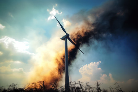 Wind turbine fire against a vivid blue sky, generative aiの素材