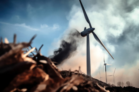 Wind turbine fire against a vivid blue sky, generative aiの素材