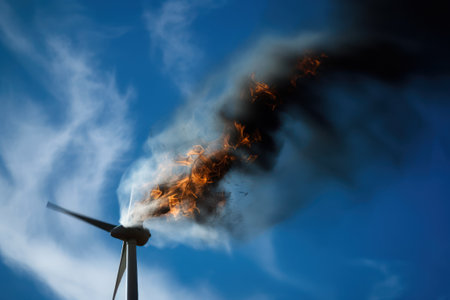 Wind turbine fire against a vivid blue sky, generative aiの素材