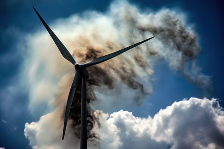 Wind turbine fire against a vivid blue sky, generative aiの素材