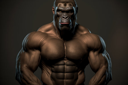 Athletic strong male gorilla bodybuilder posing in studio.の素材