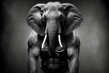 Elephant bodybuilder. Black and white photo. Studio shot.の素材