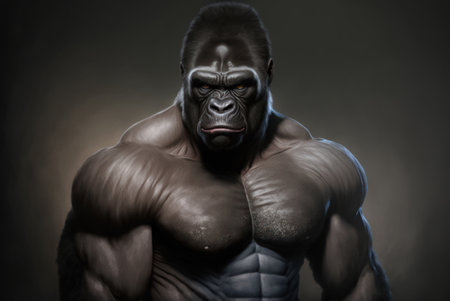 Strong strong gorilla with big muscles on dark background, low key portraitの素材