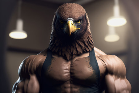 3d rendering of a strong man with a golden eagle in the gymの素材