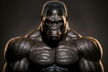 An image of a strong gorilla posing in the studio on a dark background.の素材
