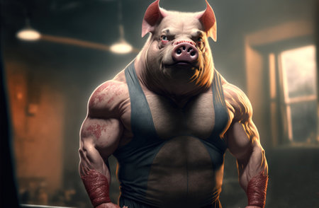 Portrait of a strong and powerful pig in the gym. Fitness and healthy lifestyle concept.の素材