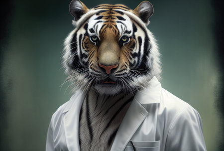 Portrait of a tiger as a veterinarian in a white coat.の素材
