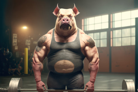 Pig with big muscles in the gym. Portrait of a strong man with tattoos on his body.の素材