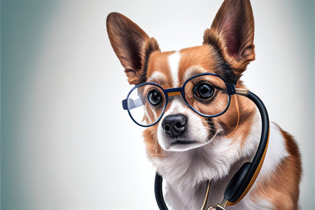 Corgi dog with glasses and stethoscope on white backgroundの素材