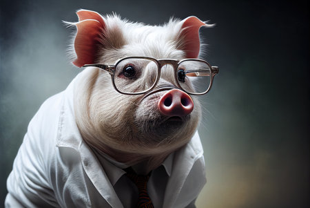 Funny pig in eyeglasses and white shirt on dark backgroundの素材