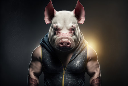Portrait of a strong and muscular pig in a sportswearの素材