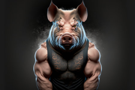 A portrait of a brutal tattooed male tiger over dark background.の素材