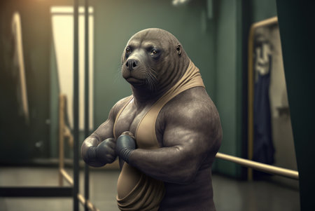 Portrait of a strong and muscular male sea lion in a gymの素材