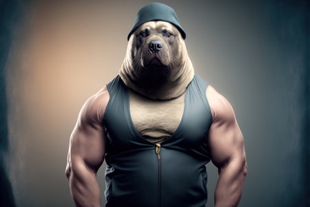 Pig with big muscles and tattoos on his body in black backgroundの素材