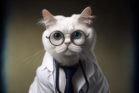Portrait of a white cat with glasses and a stethoscopeの素材