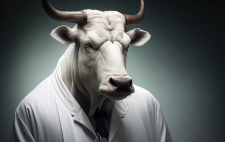 Portrait of a white cow in a white coat with a stethoscopeの素材