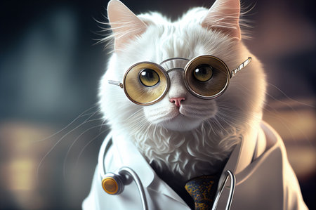 Funny cat doctor in glasses and coat with stethoscope.の素材