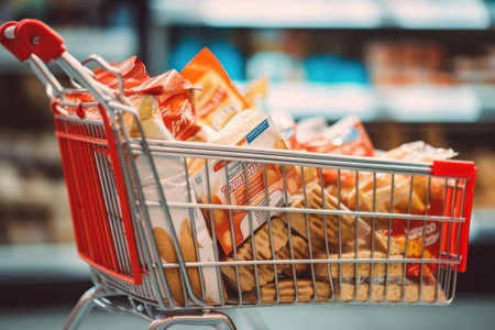 Shopping cart with food products in supermarket, closeup. Shopping conceptの素材