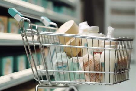 Shopping cart with cosmetics in supermarket, closeup. Shopping conceptの素材