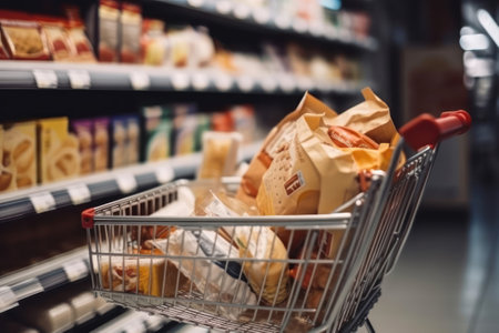 Shopping cart with food products in supermarket. Selective focus.の素材