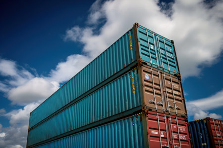 Stack of Cargo Containers at the docks with blue sky background.の素材