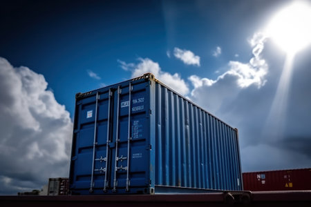 Stack of Cargo Containers at the docks with blue sky background.の素材