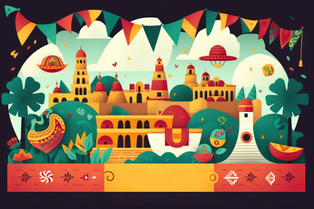 Colorful vector illustration of Indian city. Flat style design for web and print.の素材