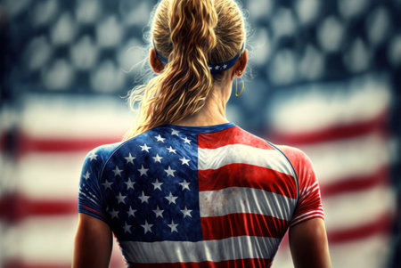 Rear view of a young woman with long blond hair in the United States of America flag.の素材