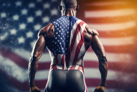 Athletic man with USA flag on his back. Sport and fitness concept.の素材