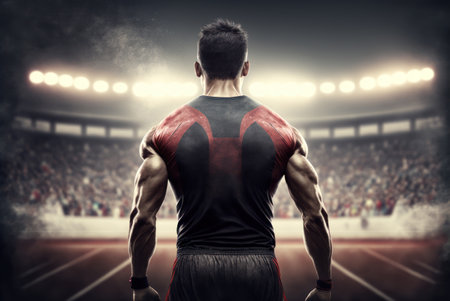Rear view of a male soccer player on a stadium. Mixed mediaの素材