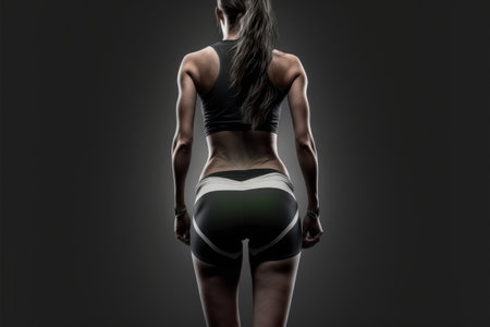 Back view of sportswoman in black sportswear on dark backgroundの素材