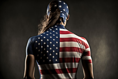 Young woman in the image of the American flag on a dark backgroundの素材