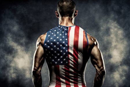 Rear view of muscular man with USA flag on his back.の素材