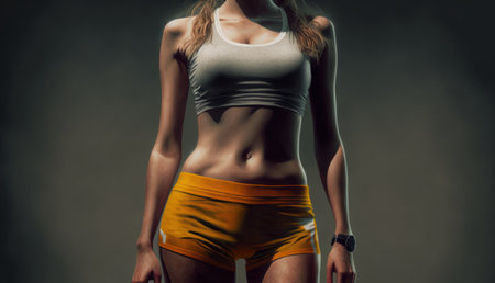 Fitness girl in sportswear posing on a dark background.の素材