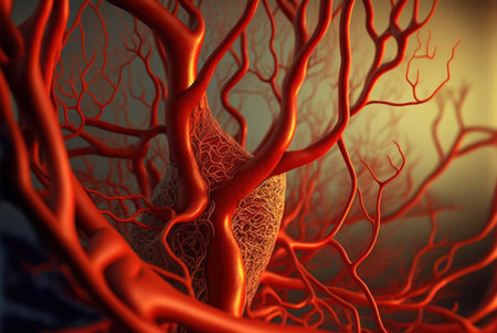 3d render of red blood cells with red blood cells on dark backgroundの素材