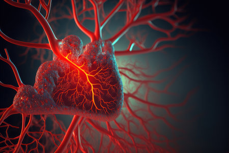 Human blood vessel. 3D illustration of human blood vessel with red cellsの素材