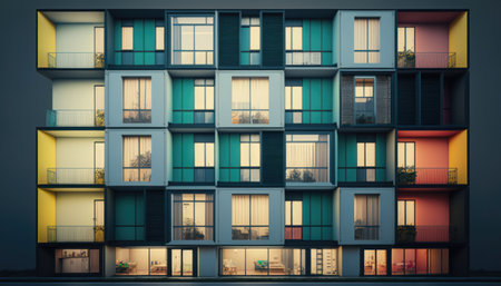 Modern apartment buildings at night. 3d illustration. Vintage style.の素材