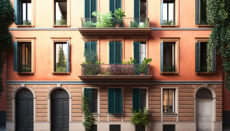 3d rendering of an old building with balconies and green plantsの素材